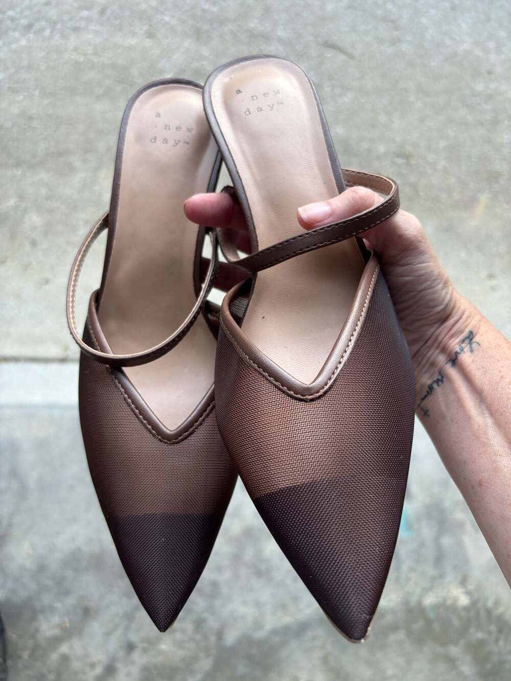 A New Day Brown Mesh Pointed Toe Heeled Mules Sandals Size 8.5